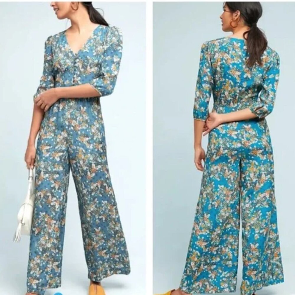 Anthropologie Kachel Teatime Silk Viscose Blend Floral Jumpsuit Wide Leg *AS IS*